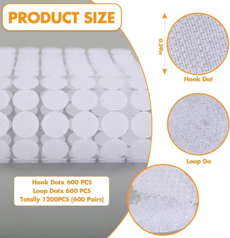 Rindion 1200PCS (600 Pairs) Hook and Loop Dots, 0.59 in Diameter Self Adhesive Dots, White Sticky Back Nylon Dots for School, Office, Home, Arts and Crafts - Image 2